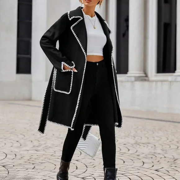 Black Elegant Womens  Contrast Binding Lapel Neck Belted Overcoat - Picture 5 of 5